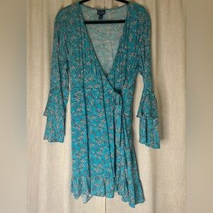 Flouncy Aqua and floral Wrap dress with 3/4 sleeve- XL 16-18
